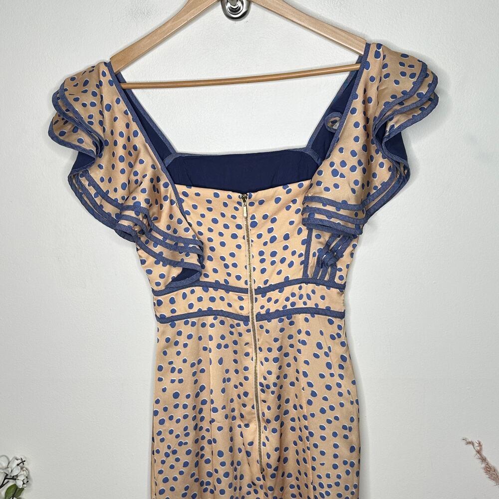 AZULU x BHLDN Kano Flutter Sleeve Maxi Dress Blue Dots Tan Sz 0 $440 {II4} - Picture 4 of 7